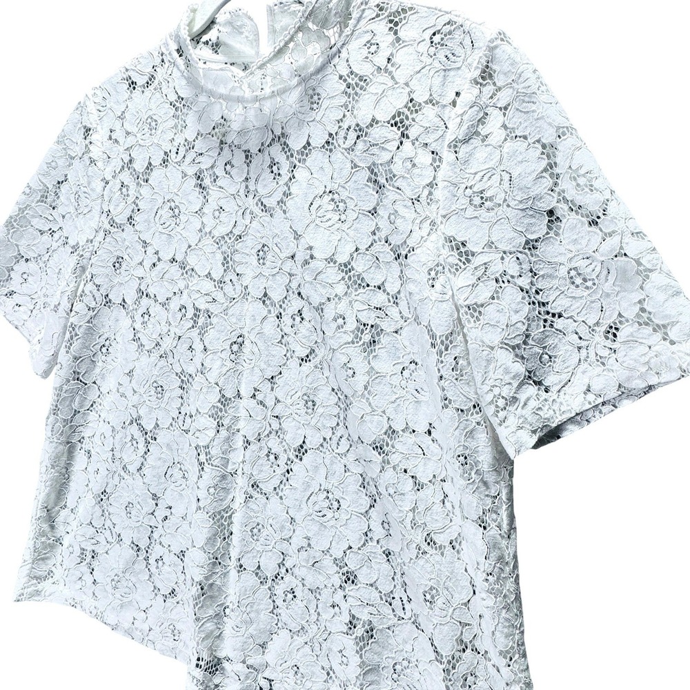LOFT White‎ Ivory Floral Lace Cottagecore Sheer Mock Neck Short Sleeve Top Large